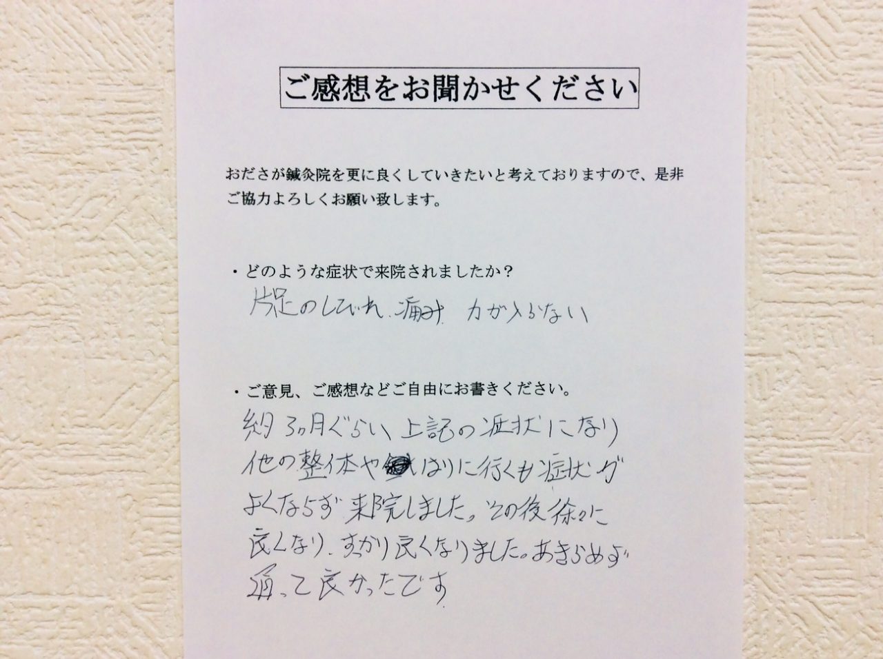 患者からの　手書手紙　犬猫病院　足の痺れ、痛み